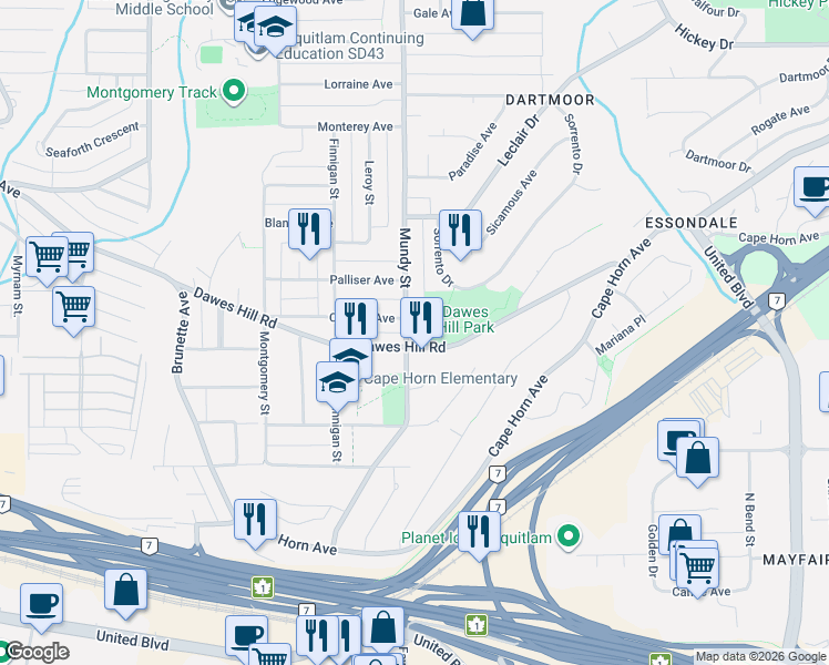 map of restaurants, bars, coffee shops, grocery stores, and more near 207 Mundy Street in Coquitlam