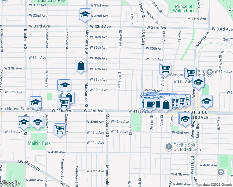 map of restaurants, bars, coffee shops, grocery stores, and more near 5525 Trafalgar Street in Vancouver