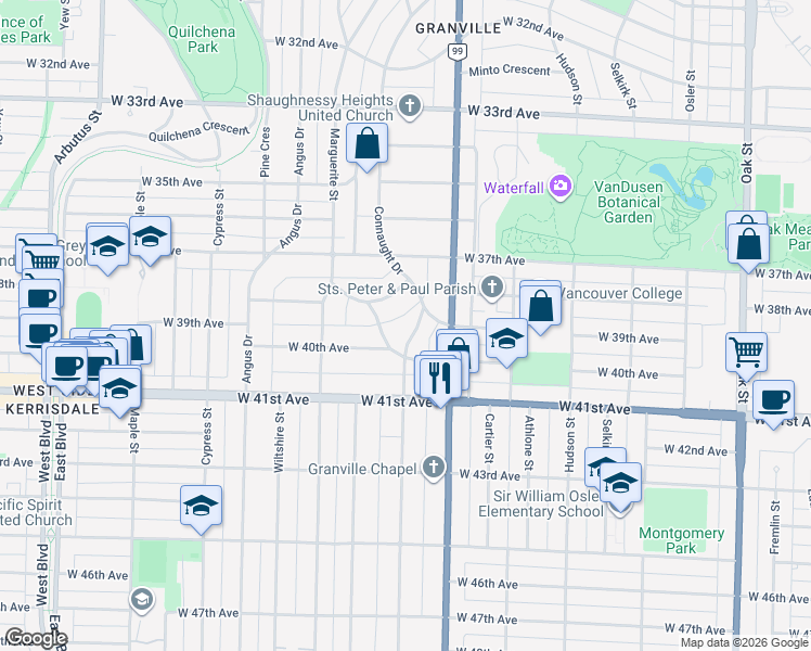 map of restaurants, bars, coffee shops, grocery stores, and more near 5549 Churchill Street in Vancouver