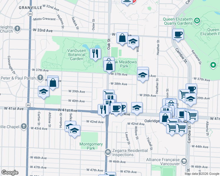 map of restaurants, bars, coffee shops, grocery stores, and more near 5438 Oak Street in Vancouver