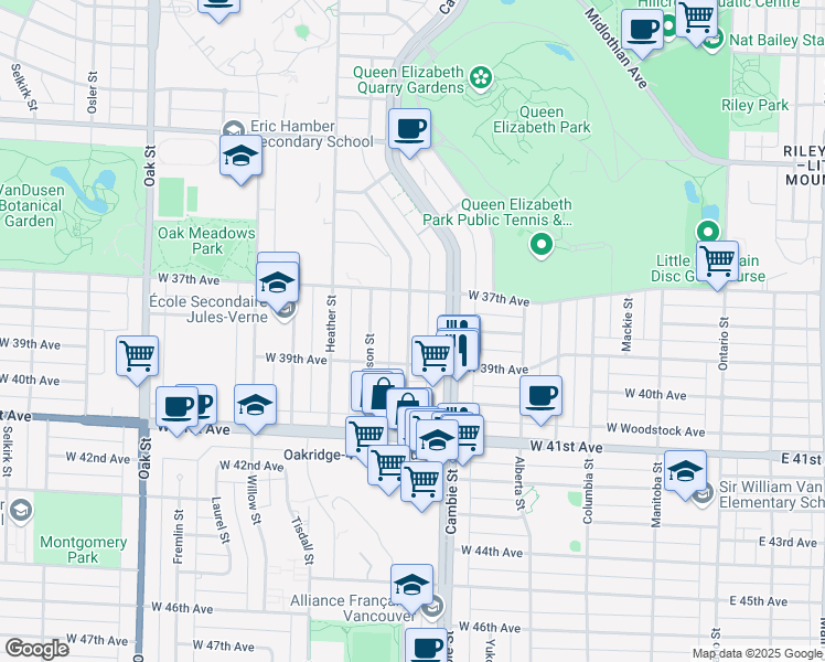 map of restaurants, bars, coffee shops, grocery stores, and more near 5428 Ash Street in Vancouver