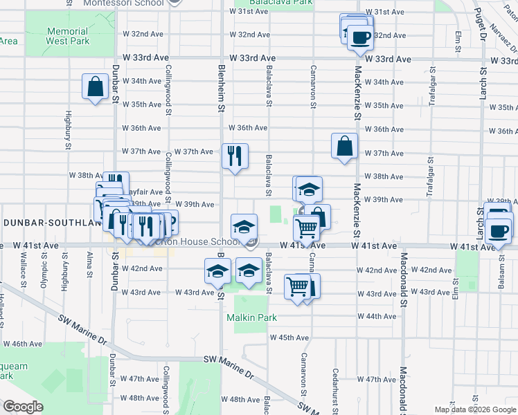 map of restaurants, bars, coffee shops, grocery stores, and more near in Vancouver