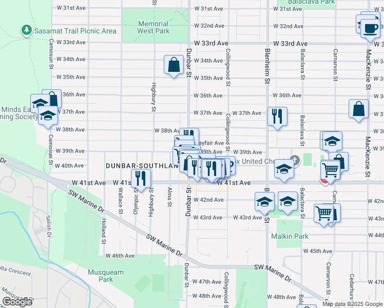 map of restaurants, bars, coffee shops, grocery stores, and more near in Vancouver