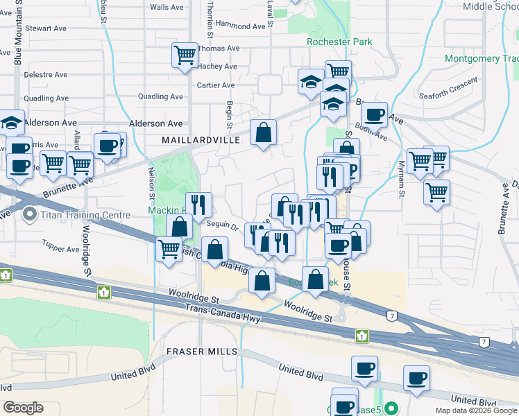 map of restaurants, bars, coffee shops, grocery stores, and more near 145 King Edward Street in Coquitlam