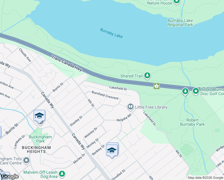 map of restaurants, bars, coffee shops, grocery stores, and more near 8022 Lakefield Drive in Burnaby