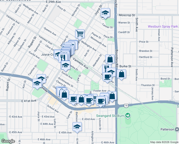map of restaurants, bars, coffee shops, grocery stores, and more near 5288 Melbourne Street in Vancouver