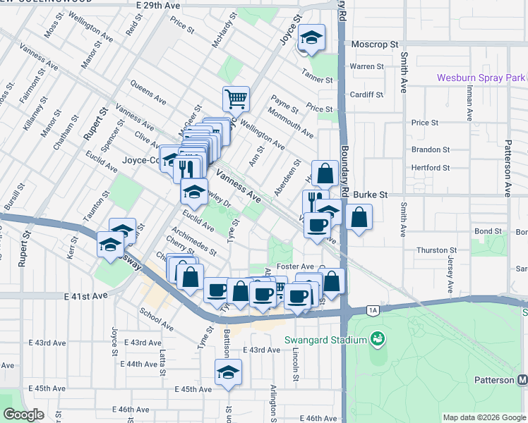 map of restaurants, bars, coffee shops, grocery stores, and more near 5288 Melbourne Street in Vancouver