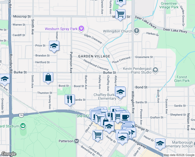 map of restaurants, bars, coffee shops, grocery stores, and more near 5283 Halley Avenue in Burnaby