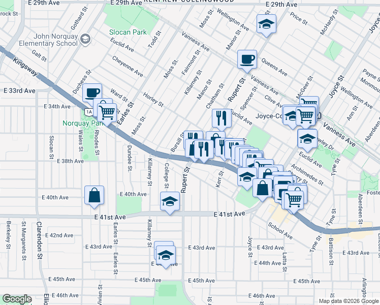 map of restaurants, bars, coffee shops, grocery stores, and more near 5285 Rupert Street in Vancouver