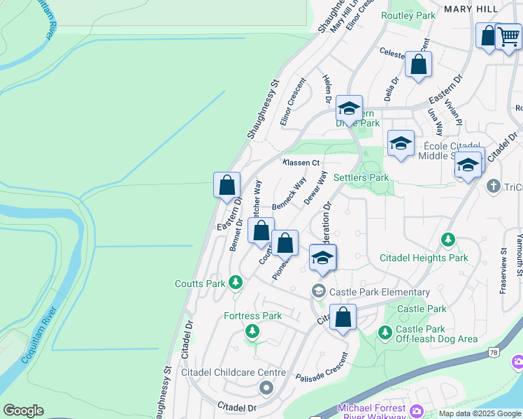 map of restaurants, bars, coffee shops, grocery stores, and more near 1228 Benneck Way in Port Coquitlam