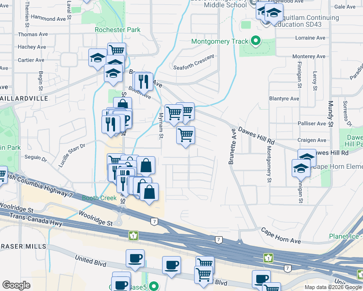 map of restaurants, bars, coffee shops, grocery stores, and more near 204 Cayer Street in Coquitlam