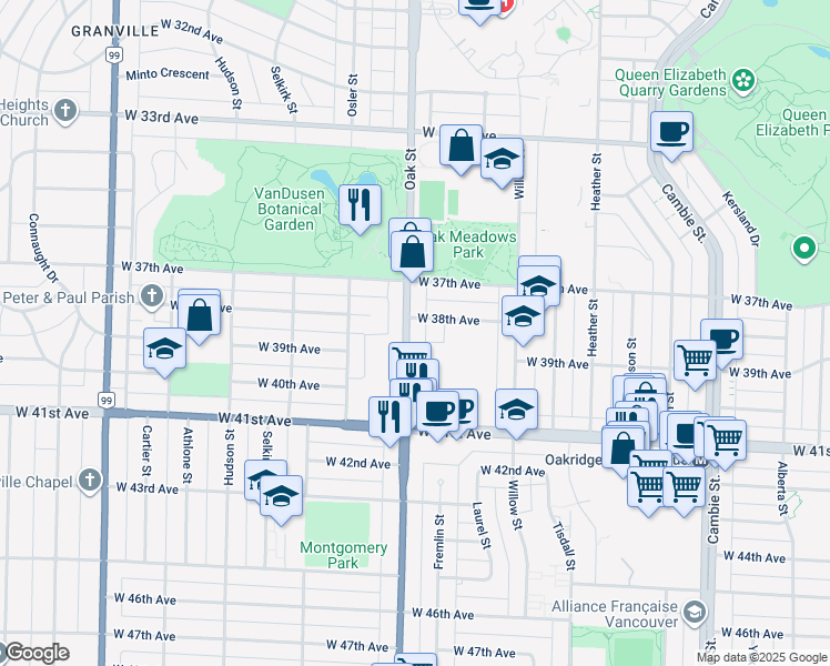 map of restaurants, bars, coffee shops, grocery stores, and more near 5432 Oak Street in Vancouver