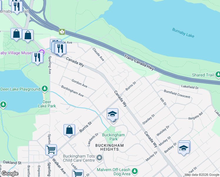 map of restaurants, bars, coffee shops, grocery stores, and more near 7678 Wheater Court in Burnaby