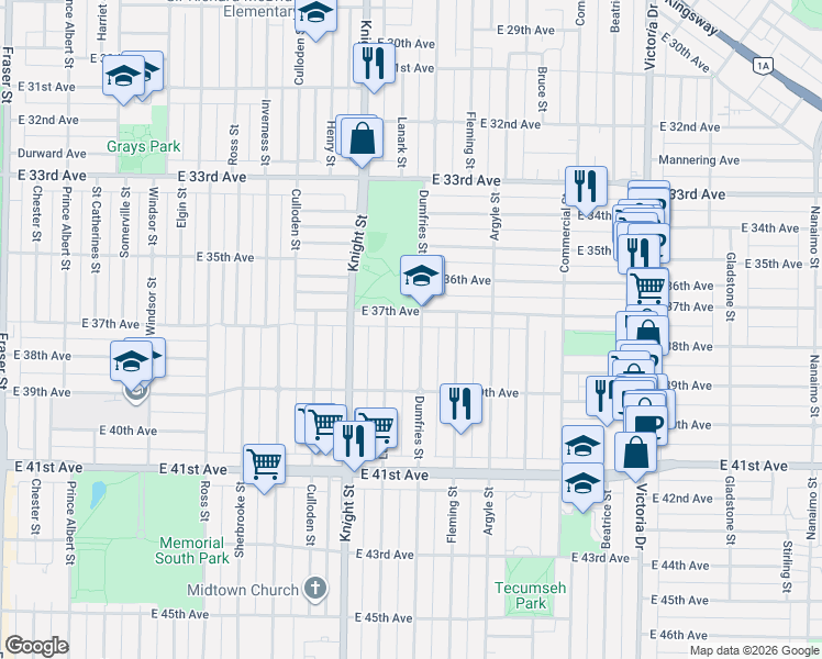 map of restaurants, bars, coffee shops, grocery stores, and more near 5323 Dumfries Street in Vancouver