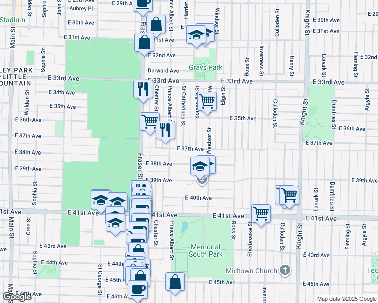 map of restaurants, bars, coffee shops, grocery stores, and more near 904 East 37th Avenue in Vancouver