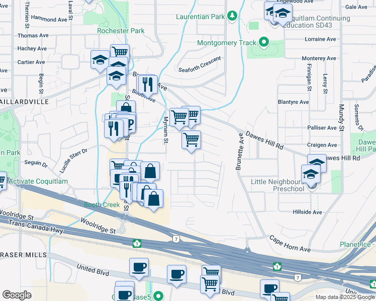 map of restaurants, bars, coffee shops, grocery stores, and more near in Coquitlam