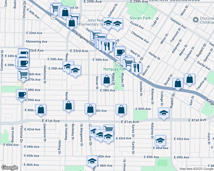 map of restaurants, bars, coffee shops, grocery stores, and more near 5338 Chambers Street in Vancouver