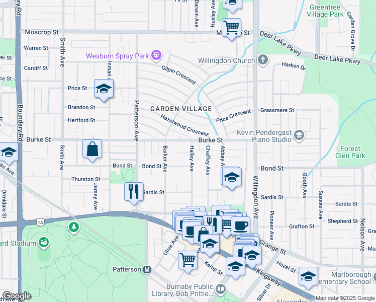 map of restaurants, bars, coffee shops, grocery stores, and more near 5283 Halley Avenue in Burnaby