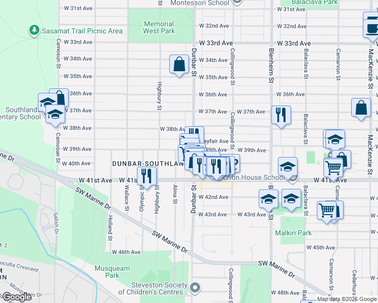 map of restaurants, bars, coffee shops, grocery stores, and more near 3636 West 39th Avenue in Vancouver