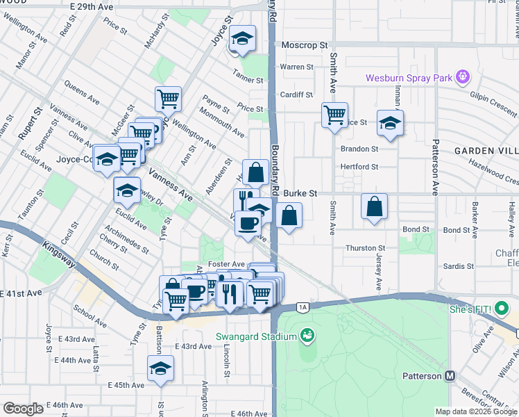 map of restaurants, bars, coffee shops, grocery stores, and more near in Vancouver
