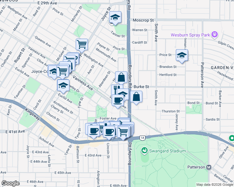 map of restaurants, bars, coffee shops, grocery stores, and more near in Vancouver