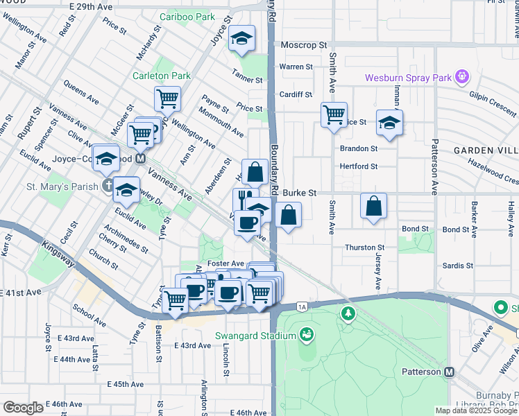 map of restaurants, bars, coffee shops, grocery stores, and more near 3668 Rae Avenue in Vancouver