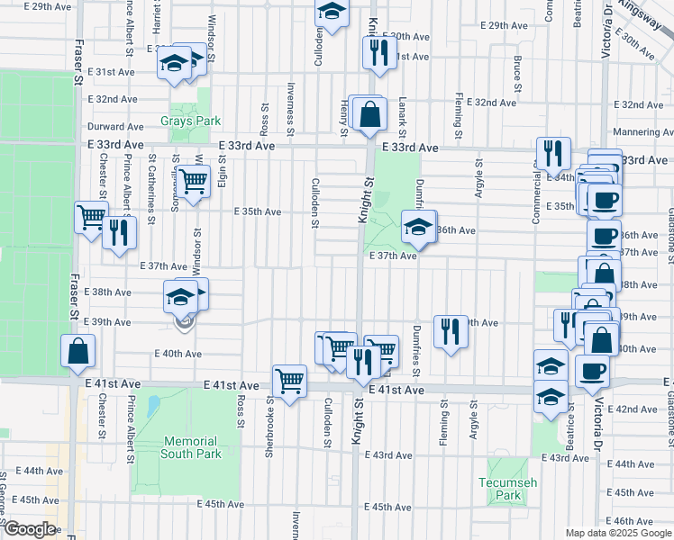 map of restaurants, bars, coffee shops, grocery stores, and more near 5306 Culloden Street in Vancouver