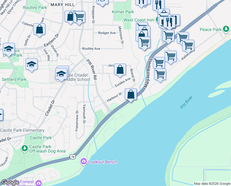 map of restaurants, bars, coffee shops, grocery stores, and more near 1869 Harbour Street in Port Coquitlam