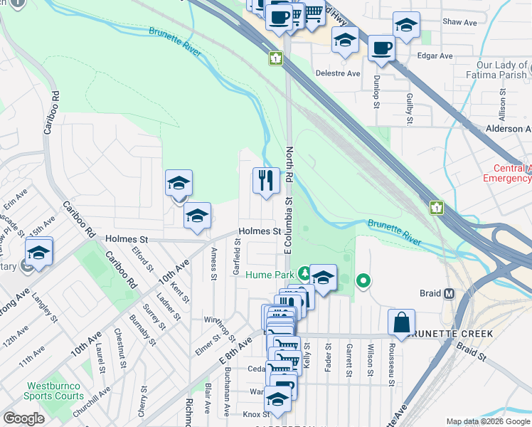 map of restaurants, bars, coffee shops, grocery stores, and more near 570 Colby Street in New Westminster