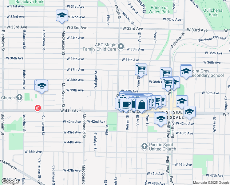 map of restaurants, bars, coffee shops, grocery stores, and more near in Vancouver