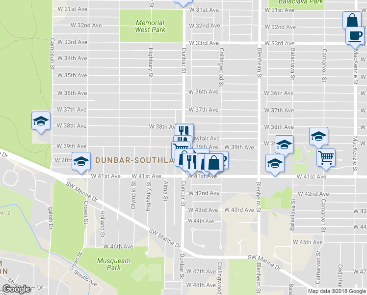 map of restaurants, bars, coffee shops, grocery stores, and more near 5467 Dunbar Street in Vancouver