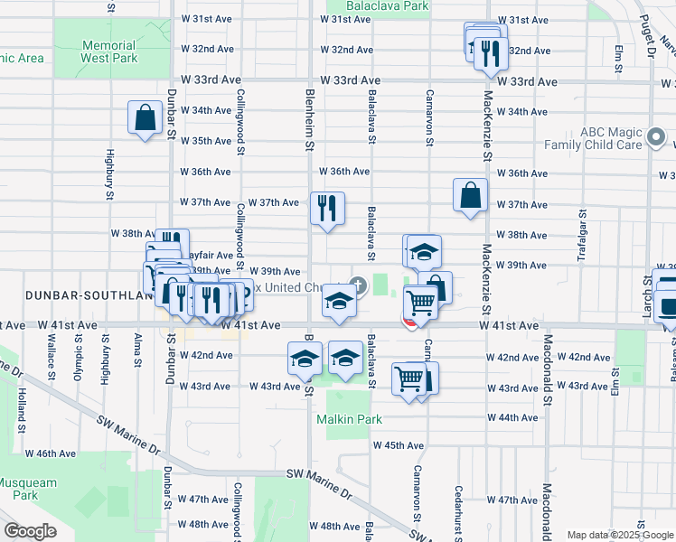 map of restaurants, bars, coffee shops, grocery stores, and more near 3260 West 39th Avenue in Vancouver