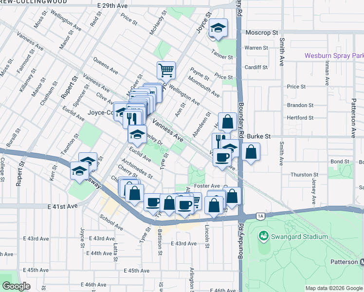 map of restaurants, bars, coffee shops, grocery stores, and more near 3530 Vanness Avenue in Vancouver