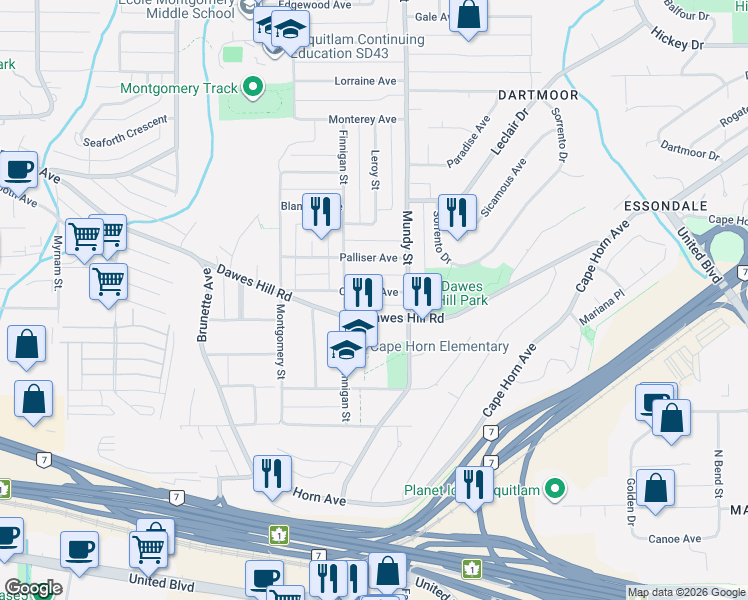 map of restaurants, bars, coffee shops, grocery stores, and more near 2152 Craigen Avenue in Coquitlam