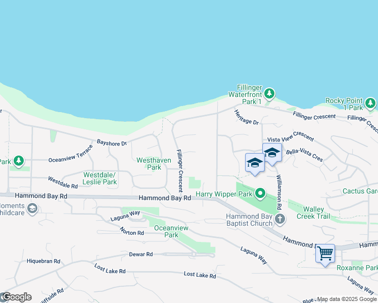 map of restaurants, bars, coffee shops, grocery stores, and more near Seven Oaks Place in Nanaimo