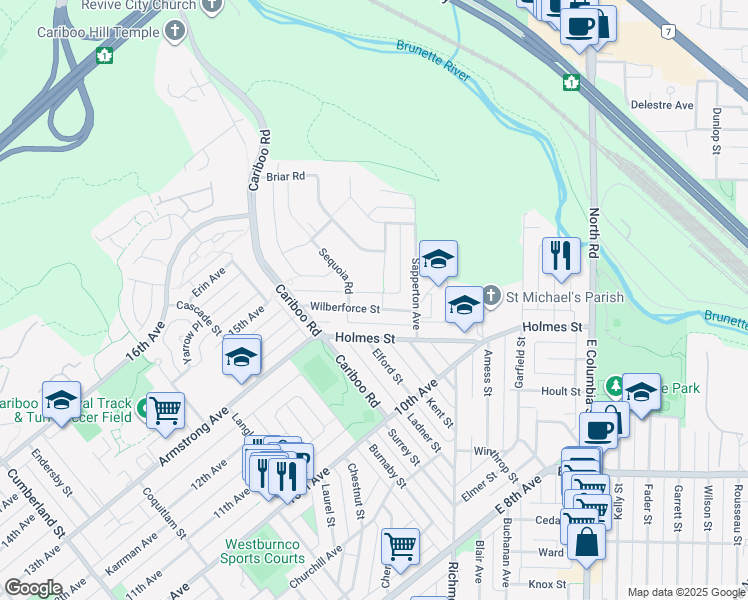 map of restaurants, bars, coffee shops, grocery stores, and more near 8909 Aspen Place in Burnaby