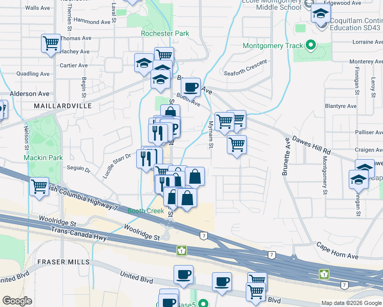 map of restaurants, bars, coffee shops, grocery stores, and more near 211 Schoolhouse Street in Coquitlam