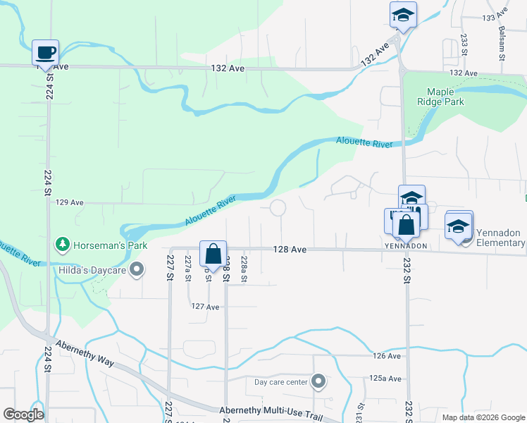 map of restaurants, bars, coffee shops, grocery stores, and more near 12885 Barnsdale Street in Maple Ridge