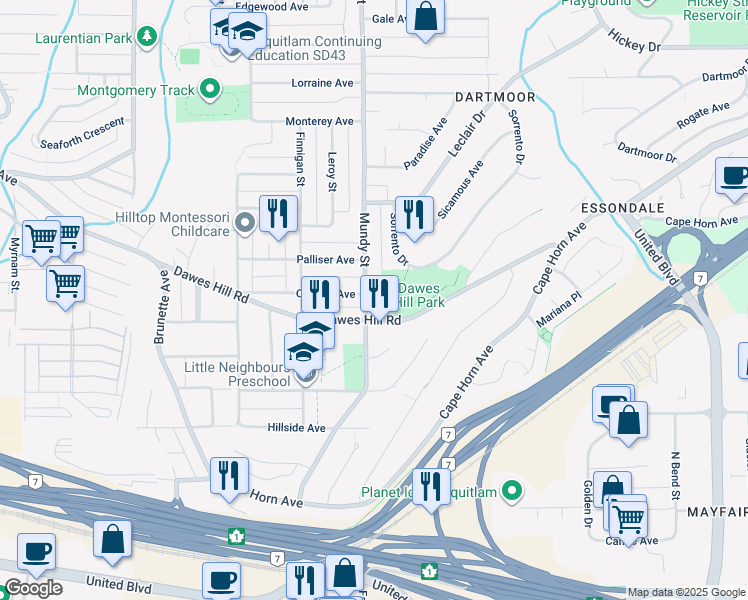 map of restaurants, bars, coffee shops, grocery stores, and more near 211 Mundy Street in Coquitlam
