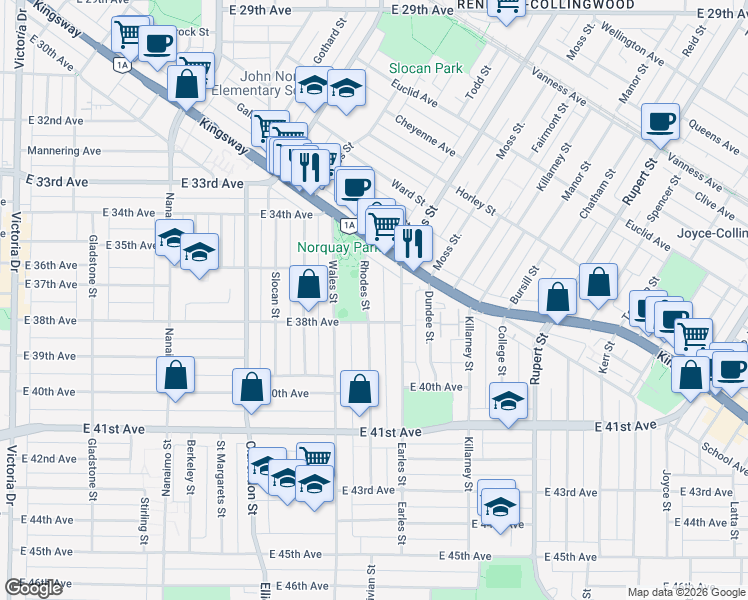 map of restaurants, bars, coffee shops, grocery stores, and more near in Vancouver