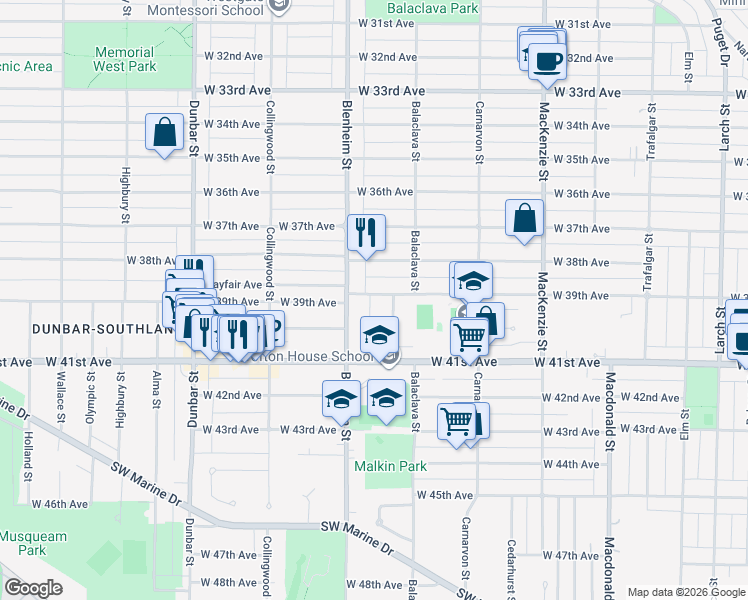 map of restaurants, bars, coffee shops, grocery stores, and more near 3270 West 39th Avenue in Vancouver
