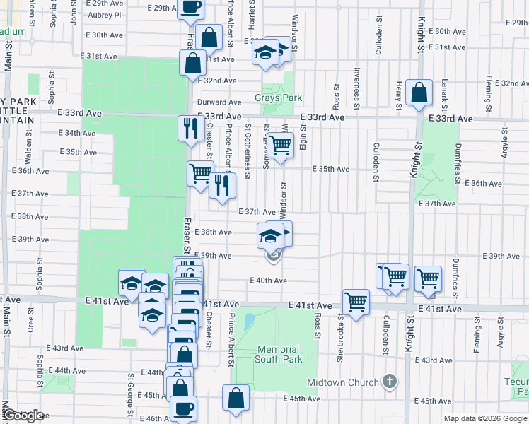 map of restaurants, bars, coffee shops, grocery stores, and more near E 37th Ave & Somerville St in Vancouver