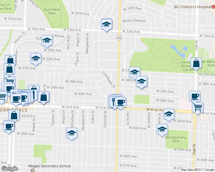 map of restaurants, bars, coffee shops, grocery stores, and more near in Vancouver