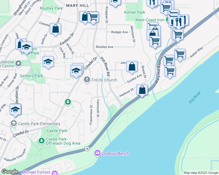 map of restaurants, bars, coffee shops, grocery stores, and more near 1244 Pitt River Road in Port Coquitlam