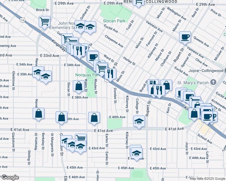 map of restaurants, bars, coffee shops, grocery stores, and more near 5315 Dundee Street in Vancouver