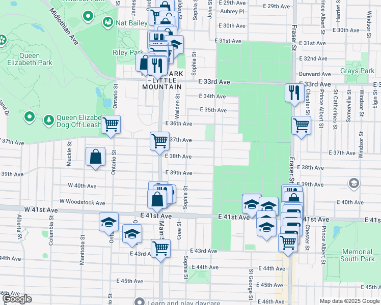 map of restaurants, bars, coffee shops, grocery stores, and more near 311 East 38th Avenue in Vancouver