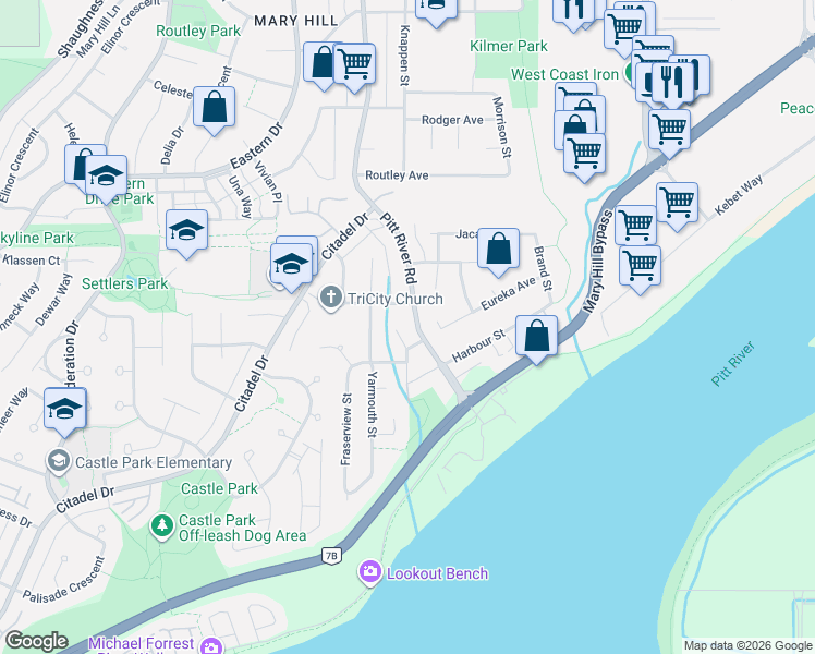 map of restaurants, bars, coffee shops, grocery stores, and more near 1244 Pitt River Road in Port Coquitlam