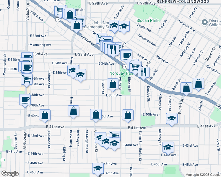 map of restaurants, bars, coffee shops, grocery stores, and more near 5319 Chambers Street in Vancouver