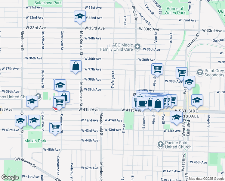 map of restaurants, bars, coffee shops, grocery stores, and more near Trafalgar Street in Vancouver