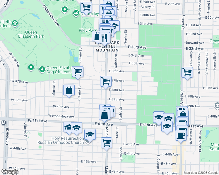 map of restaurants, bars, coffee shops, grocery stores, and more near 211 East 38th Avenue in Vancouver